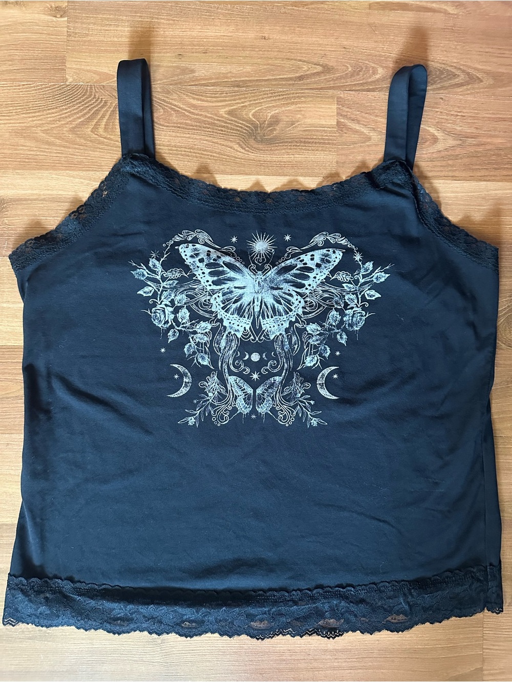 Hot Topic Black Lace-Trim Butterfly Graphic Tank Top